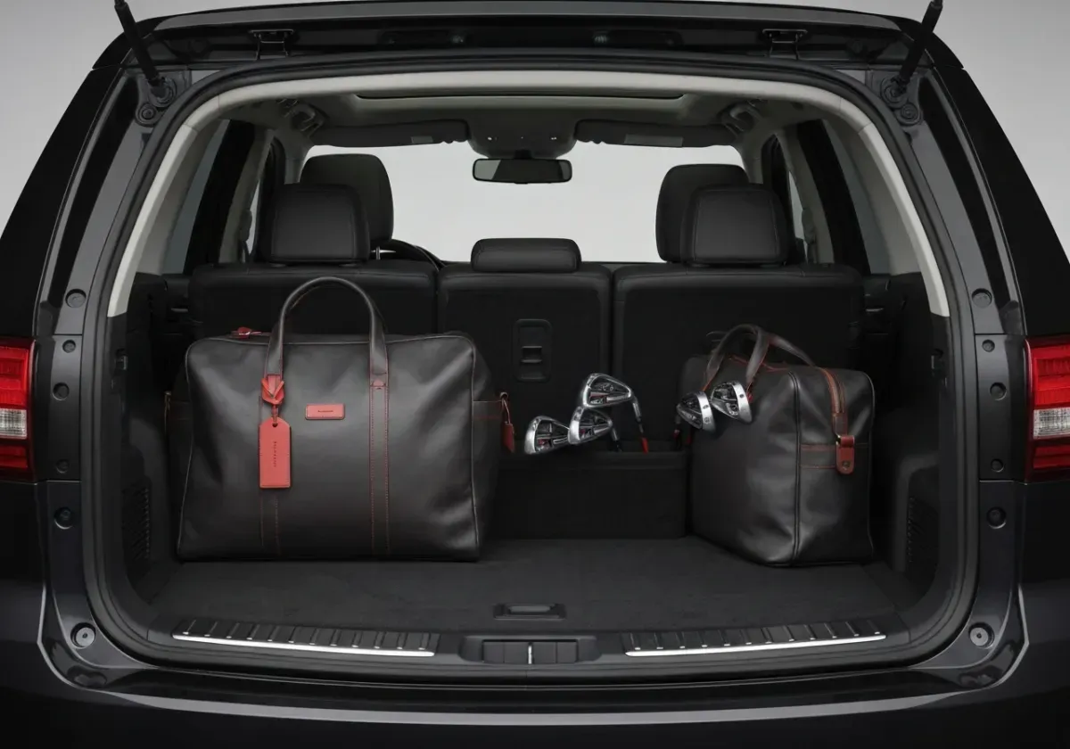 Technical view of rear cargo flexibility and golf club storage capacity