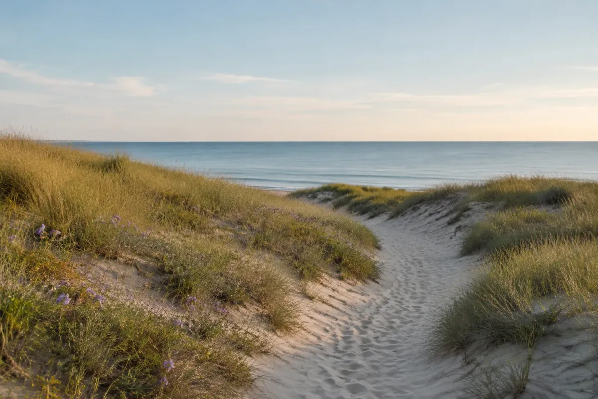 A path through flowering coastal dunes toward the sea