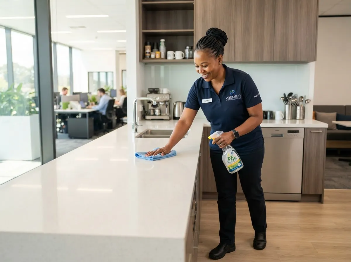 Black professional cleaner maintaining a modern office interior