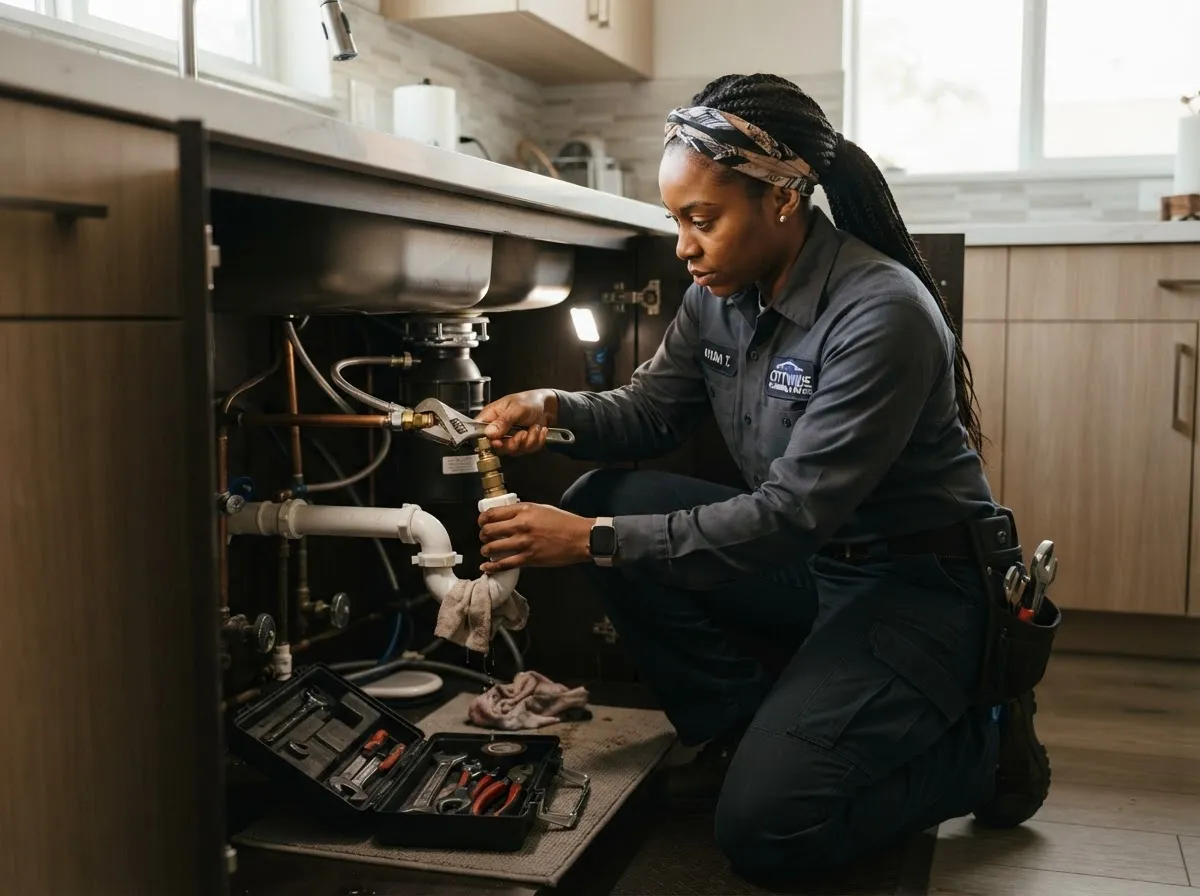 Black maintenance technician repairing plumbing under a modern sink