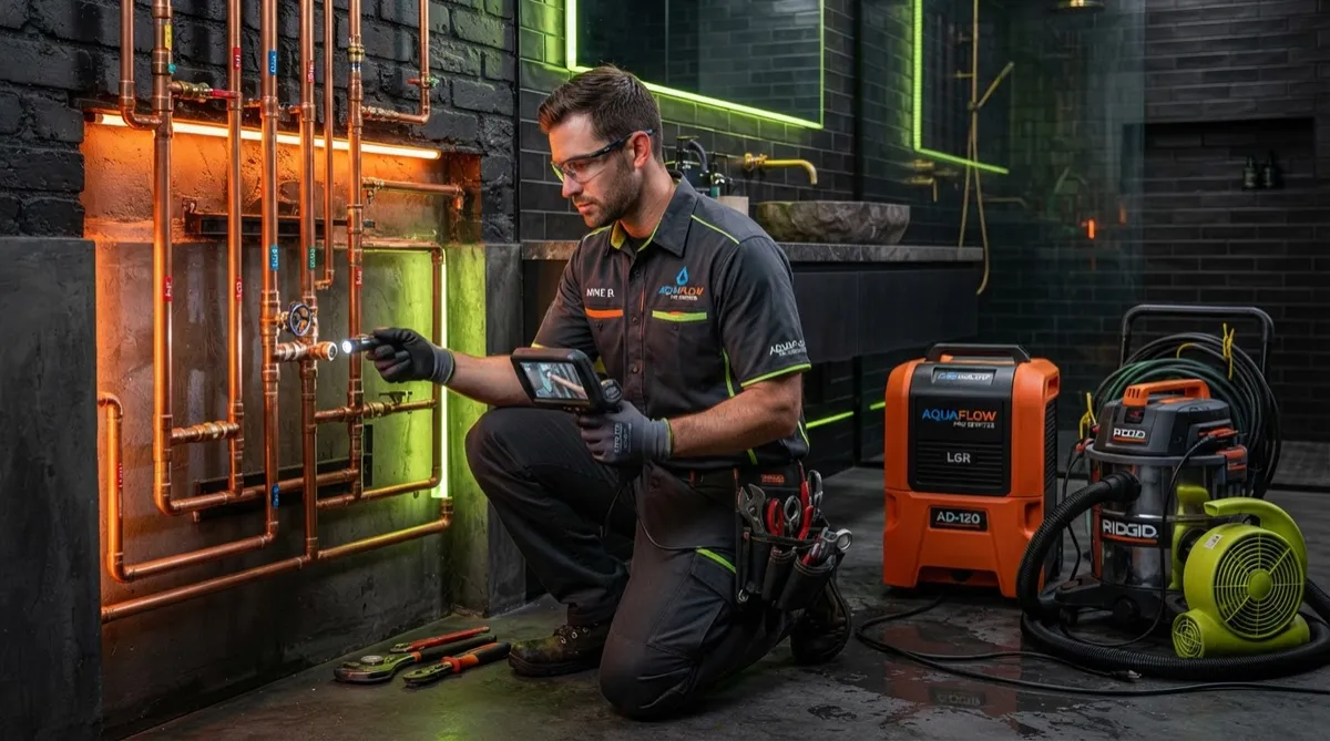 Expert plumbing technician with thermal camera and inspection equipment in Severna Park MD