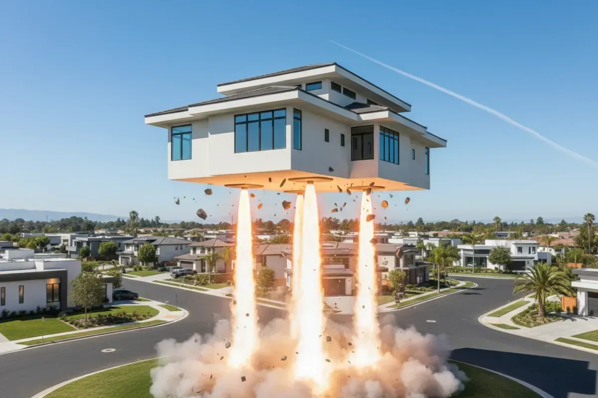 House launching into the sky like a rocket