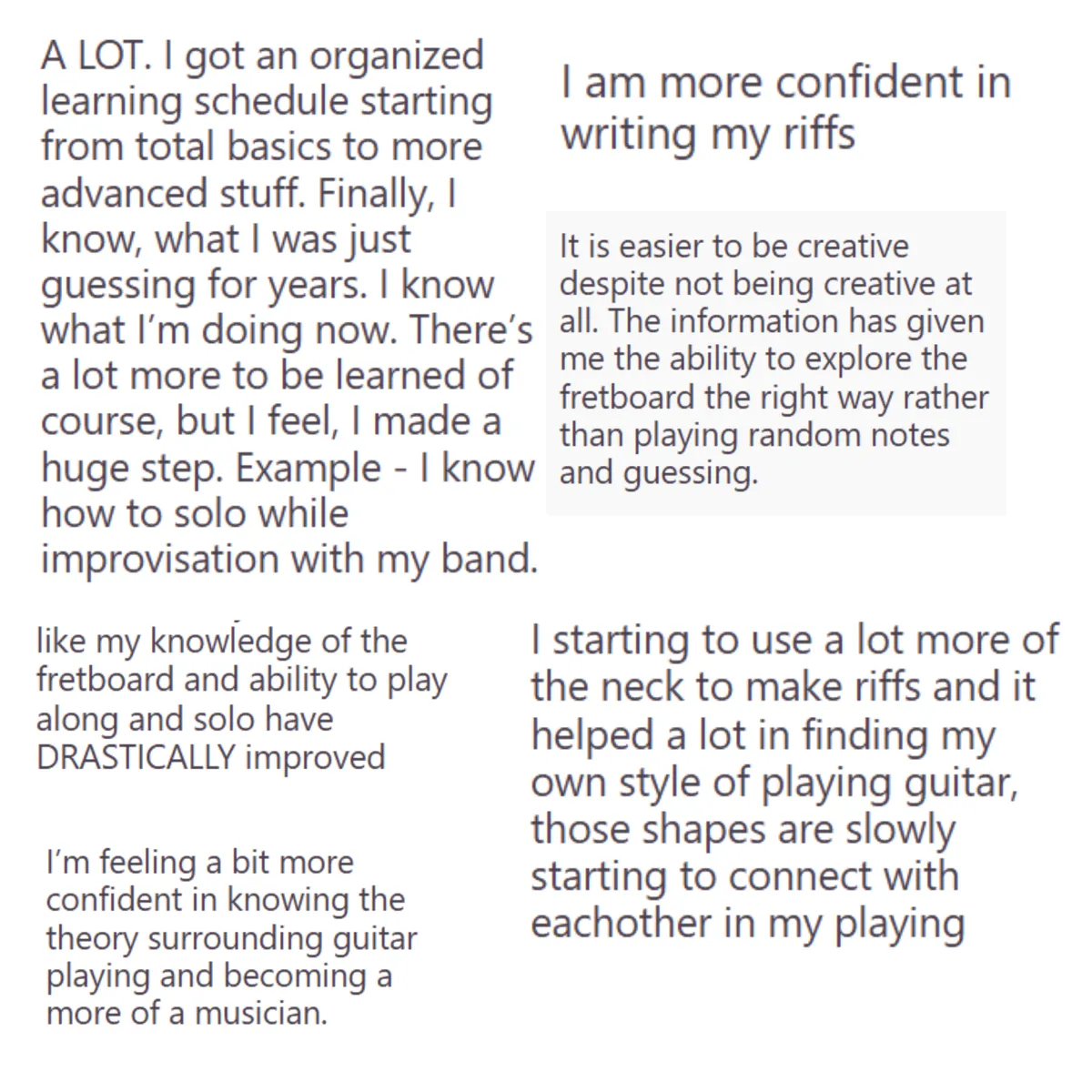 Student Testimonial: As a result of the content I learned in Scales For Metalheads, I now see the guitar neck in a much broader way, and I can improvise in any key. Where I used to feel limited, I can now practice freely.