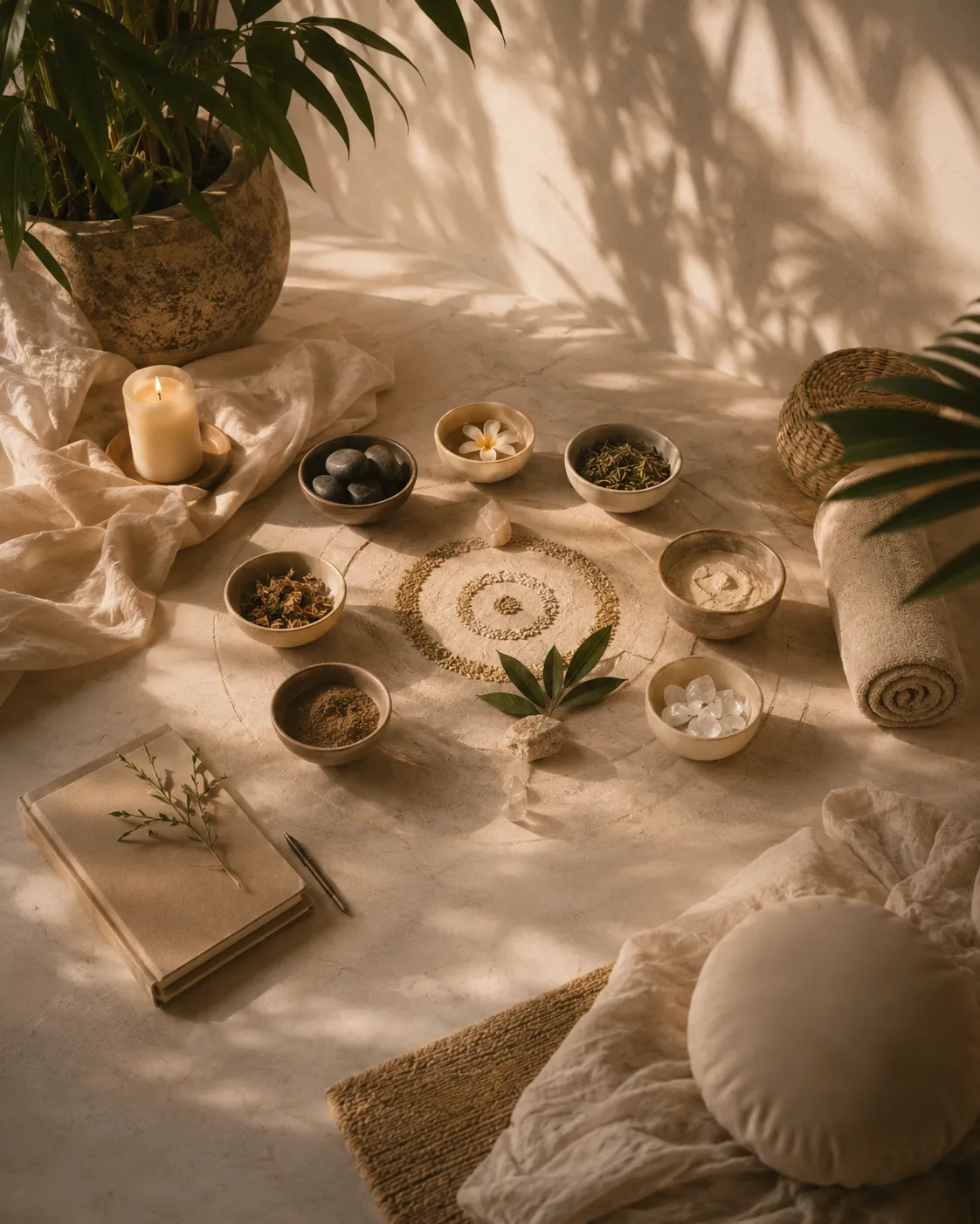 Botanical arrangement and ritual objects supporting cellular and somatic transformation.