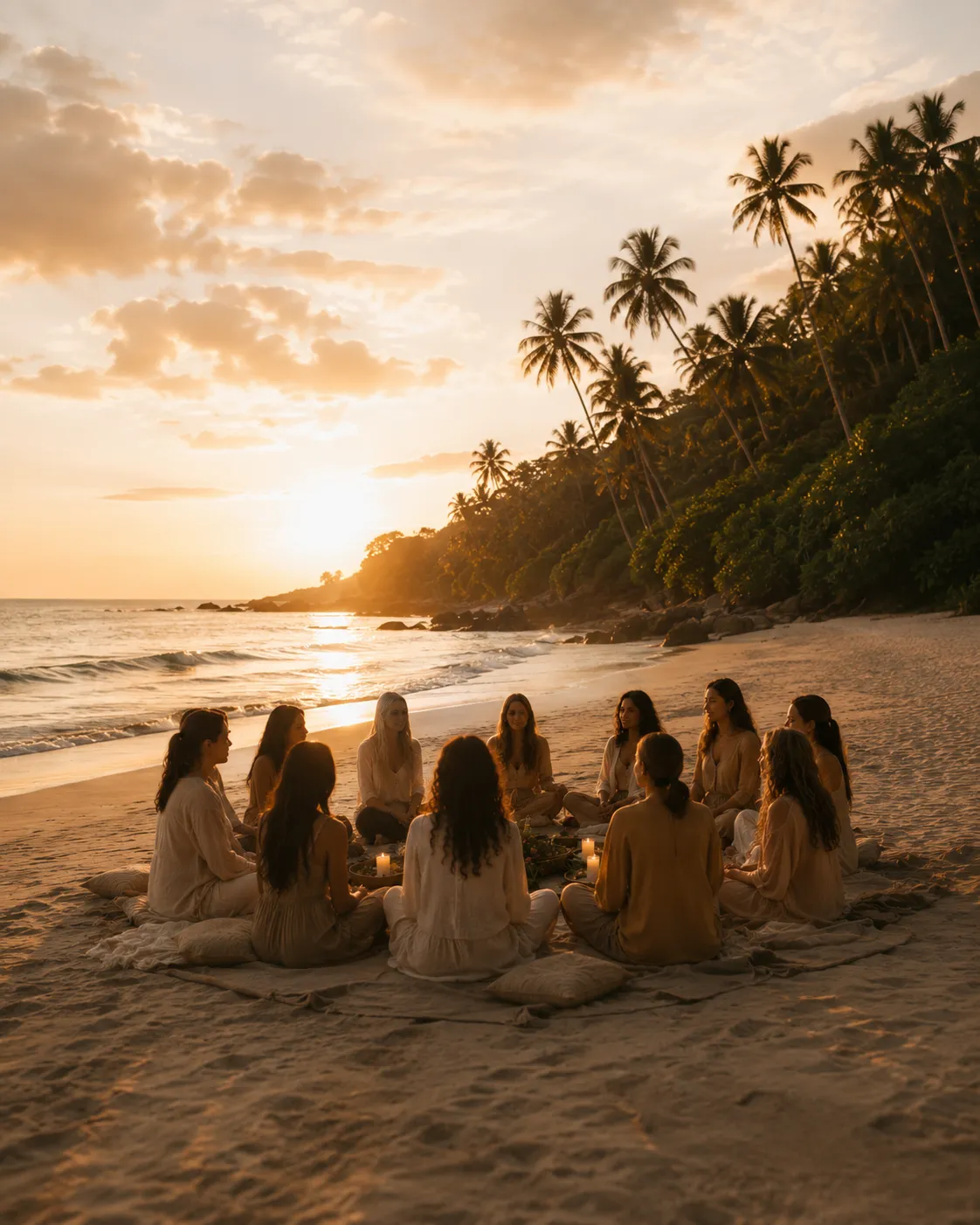 Group of women sitting in circle on beach at sunset, Aloha Circle gathering for collective nervous system intelligence.