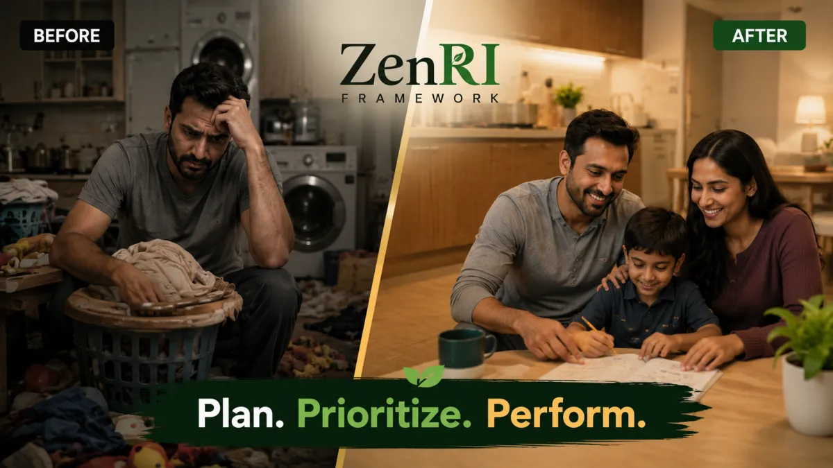 Before ZenRI: no time, constant stress, disorganized home. After ZenRI: clear plan, well organized home, peace of mind.
