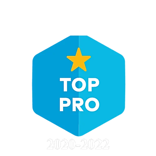 A blue hexagon with the words top pro on it