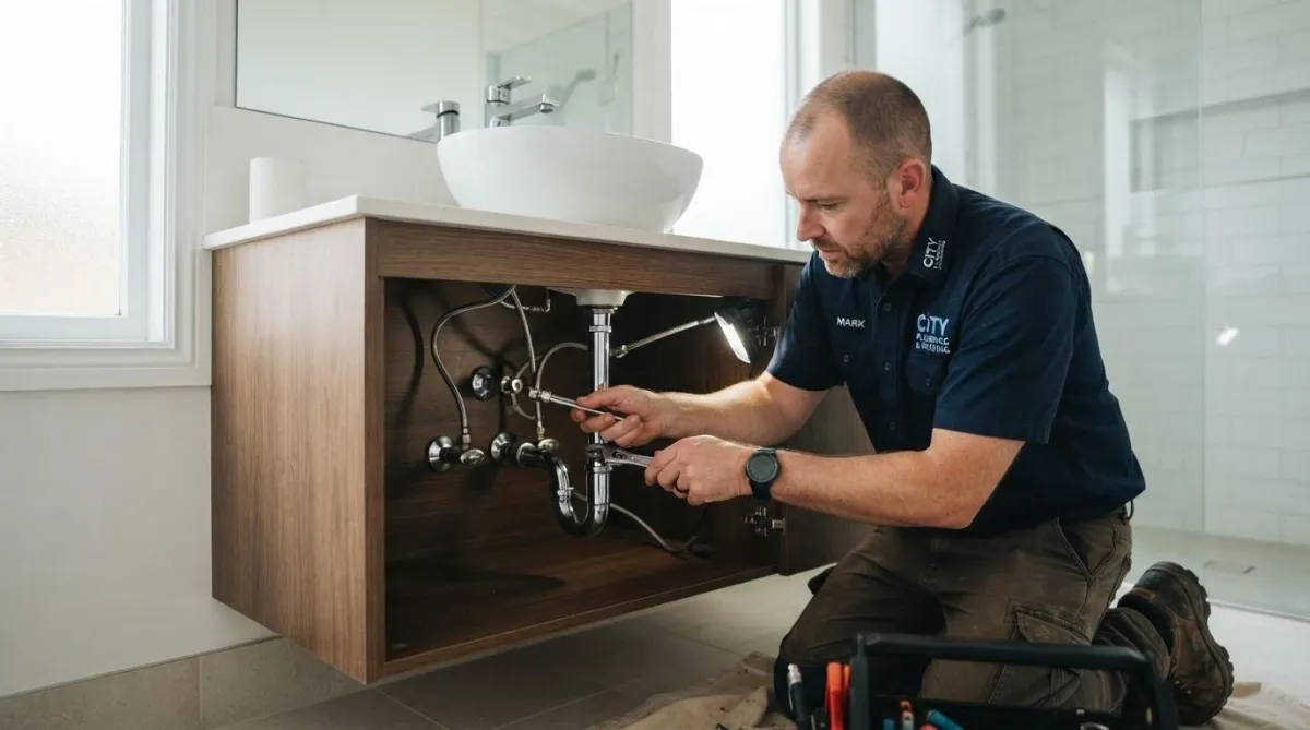 Professional plumber servicing a modern bathroom sink near Pittsburgh
