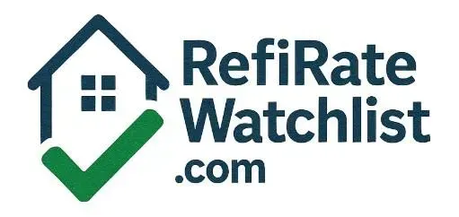Logo for RefiRate Watchlist.com featuring a house outline and a green checkmark graph.