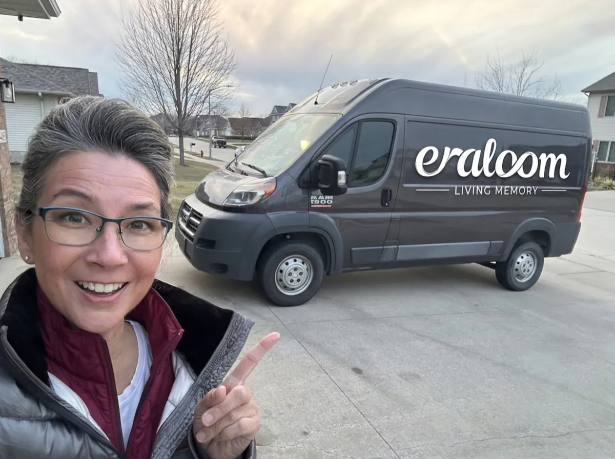 Theresa Ritchie with the EraLoom mobile studio van