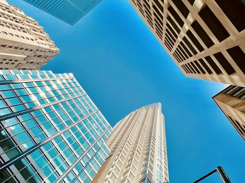Low angle photo of high rise buildings across Fairfax County