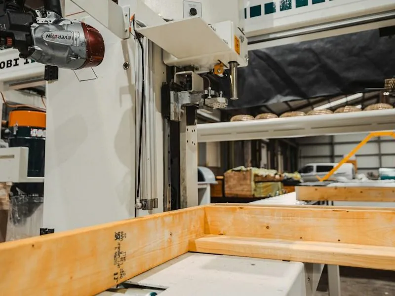Industrial wood cutting machine processing a wooden beam in a workshop