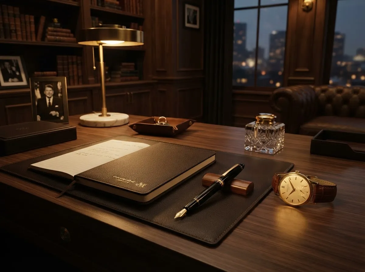 Refined executive workspace with desk lamp, notebook, and luxury watch