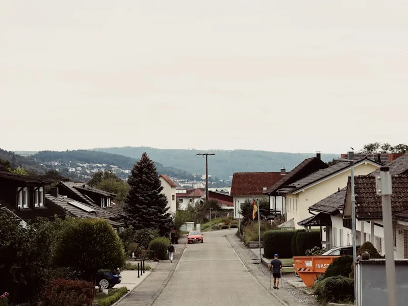 Suburban street with houses and distant hills in Centreville, Virginia