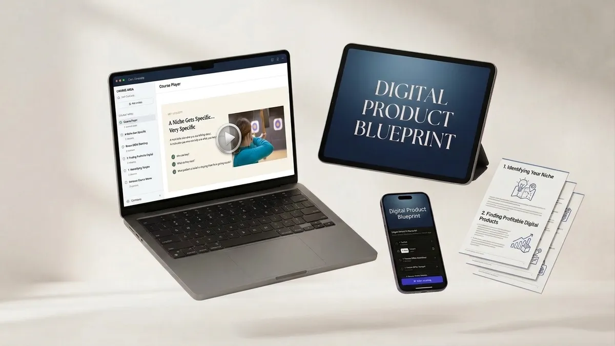 Digital Product Blueprint premium product mockup — laptop, tablet, phone, and white blueprint card