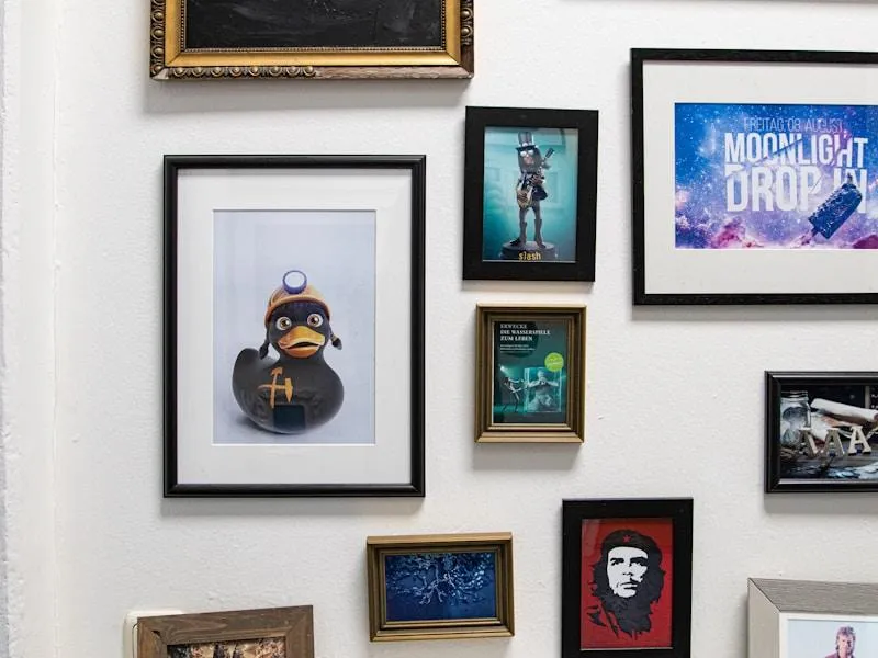 A collection of framed pictures on a wall