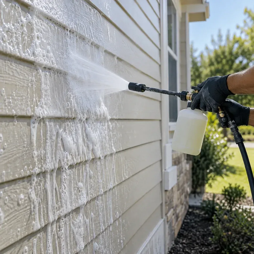 Illustration of gentle soft wash cleaning on a vinyl siding house