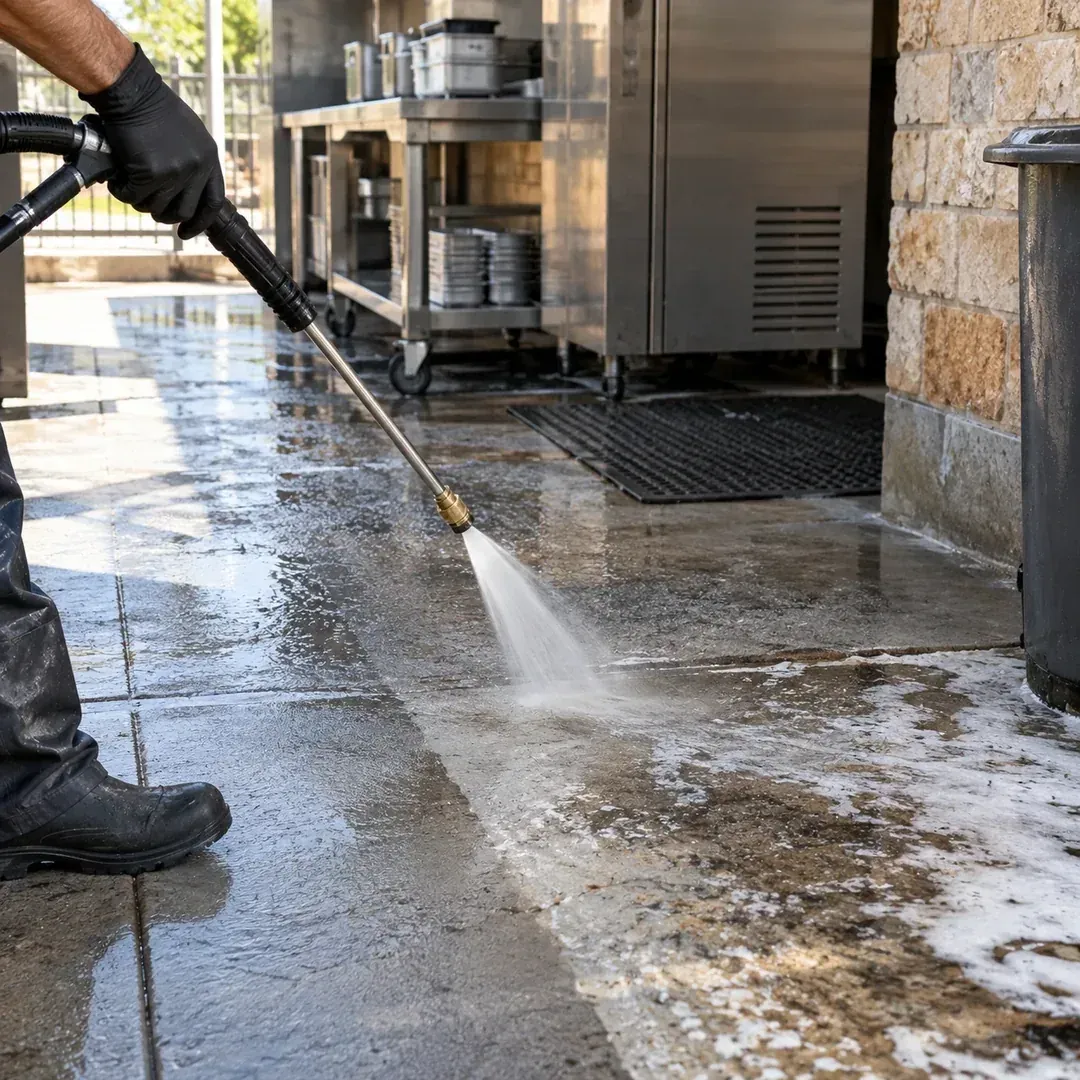 Illustration of commercial concrete degreasing with heavy equipment
