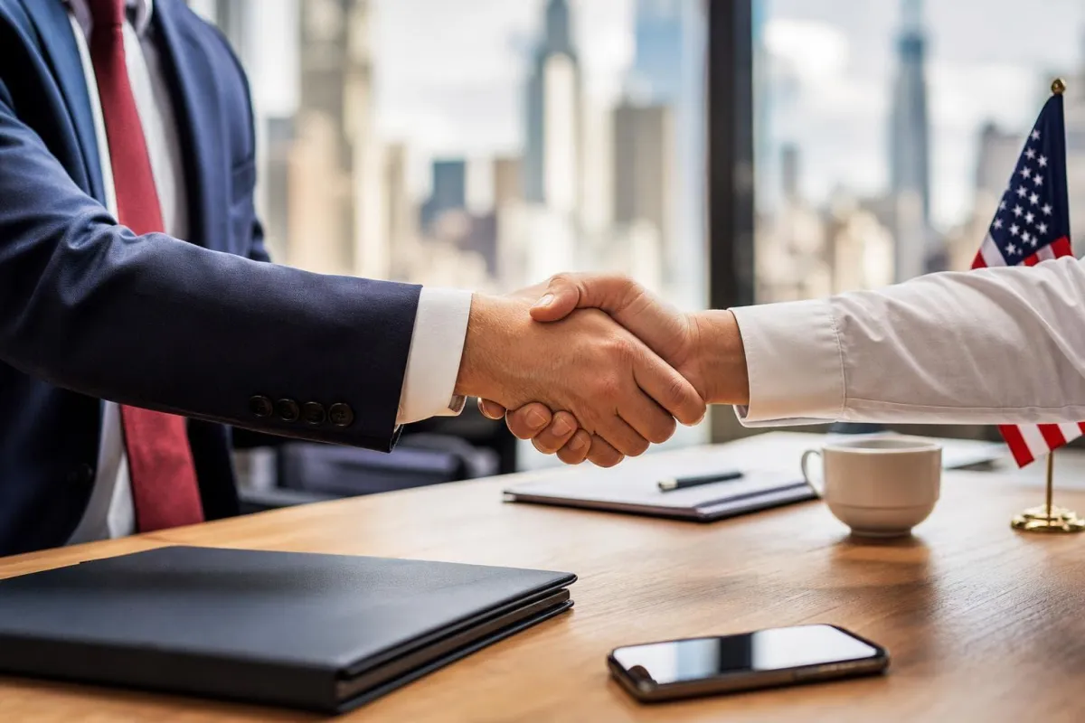 Handshake over a conference table in a New York office