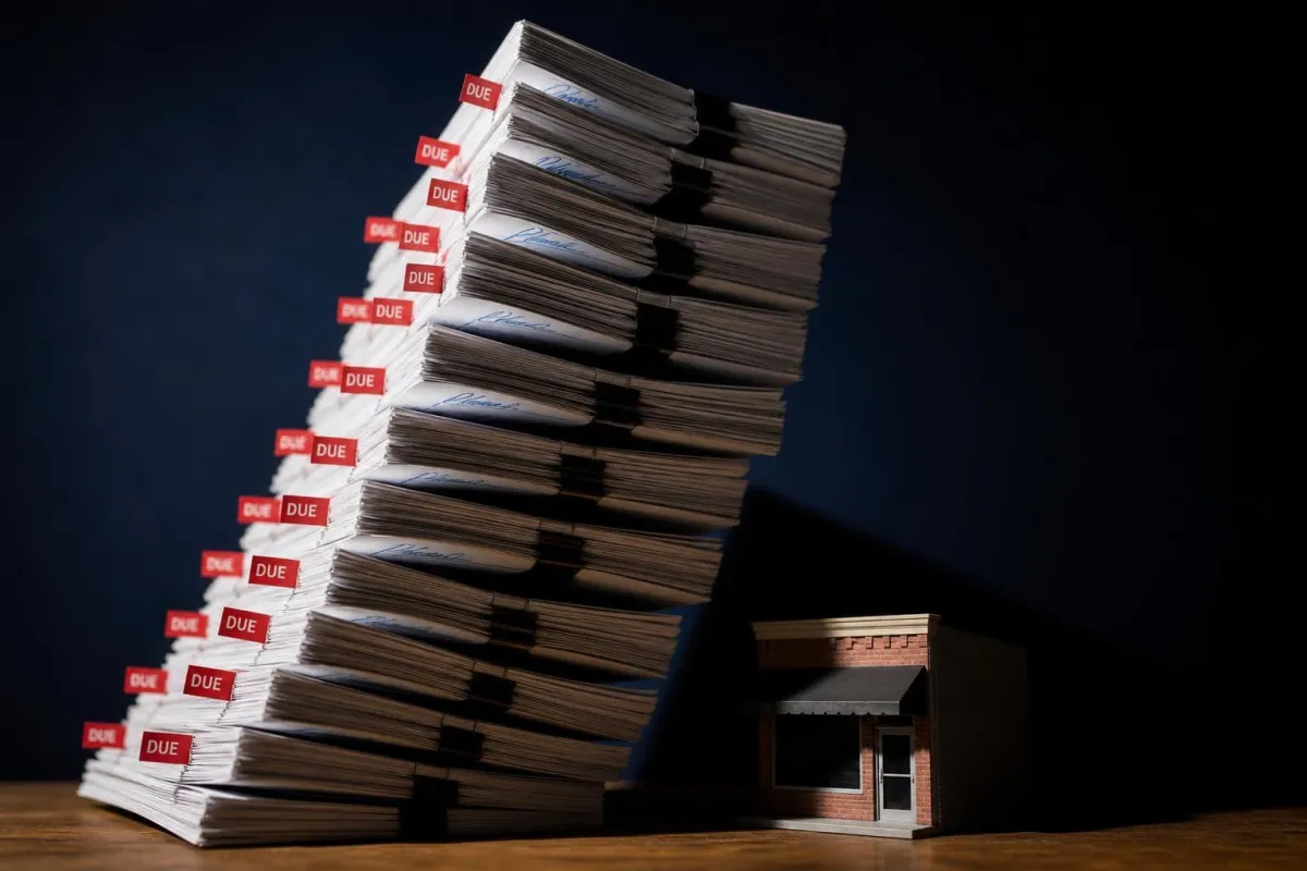 Tall stack of contracts about to topple, red flags sticking out
