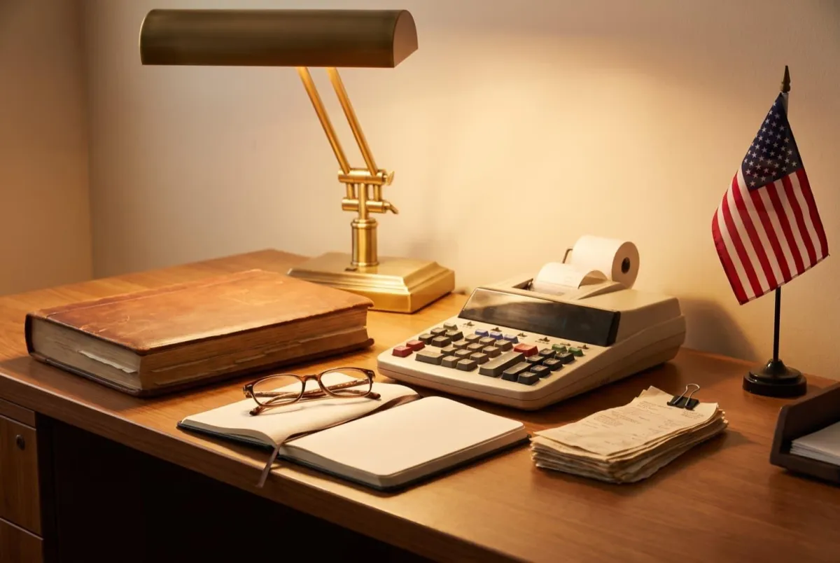 Accountant's desk with ledgers, a paper-tape calculator and a small American flag