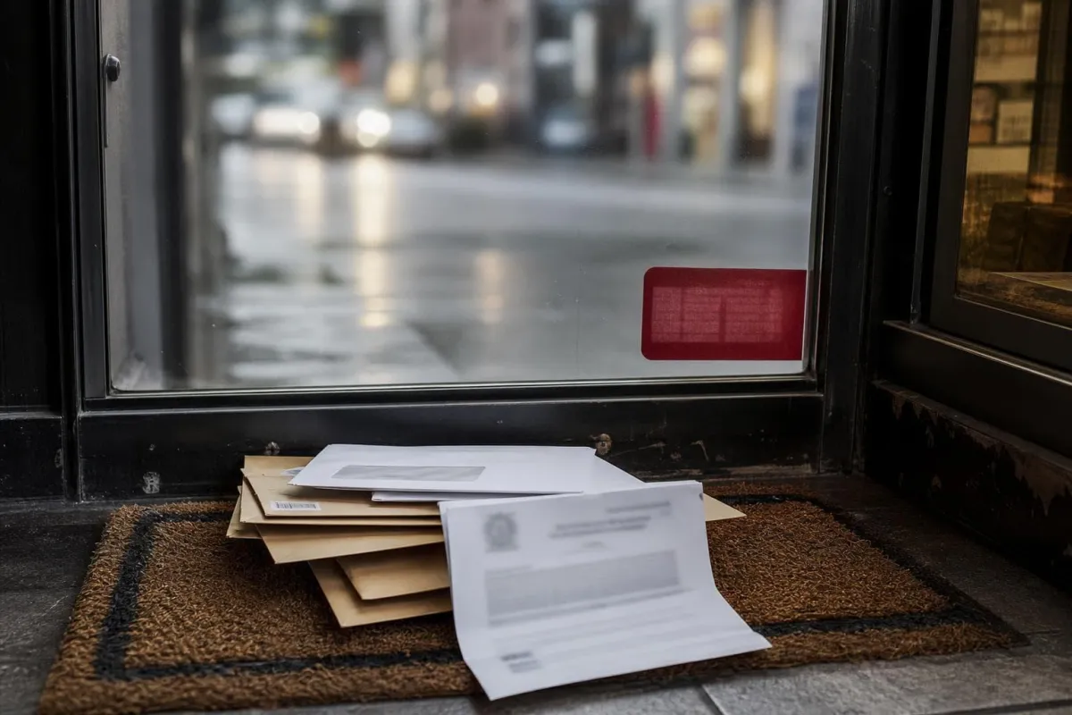 Legal envelopes and a folded court notice on a shop doormat