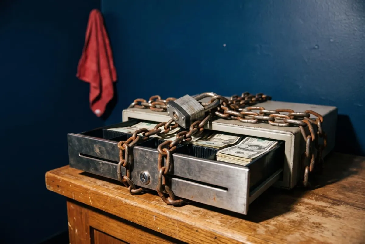 Steel padlock and chain locked around a shop's cash drawer