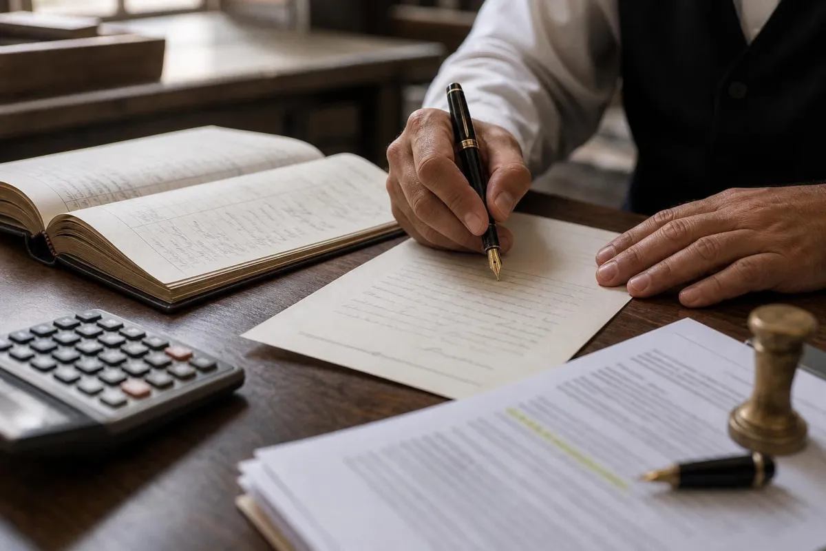 Merchant's hands writing a letter beside an open ledger and highlighted agreement
