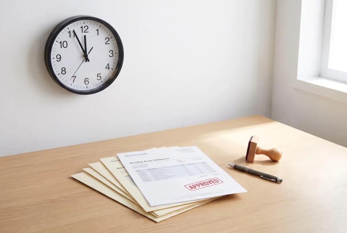 Wall clock beside four stacked bank statements stamped APPROVED