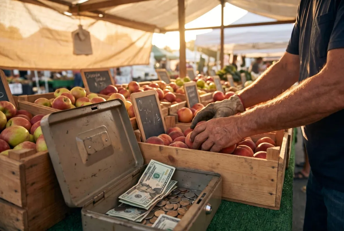 Farmers-market produce stall with an open cash box at golden hour