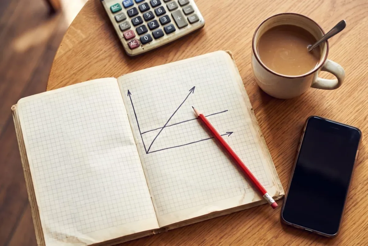 Notebook with a hand-sketched break-even chart, calculator and coffee