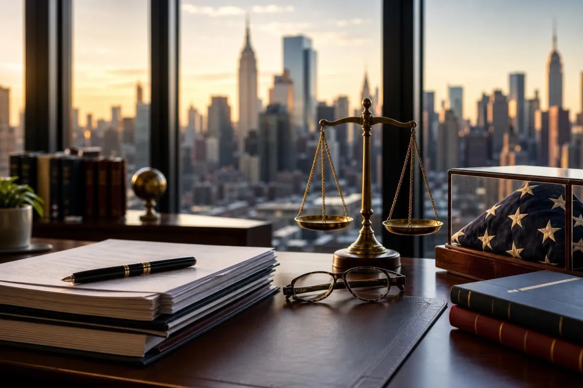 Attorney's desk with a scale of justice and a folded American flag, Manhattan skyline behind
