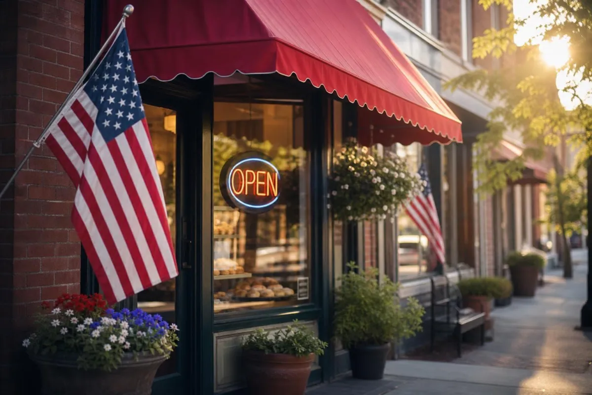 Independent main-street storefront with a red awning, an OPEN sign and an American flag
