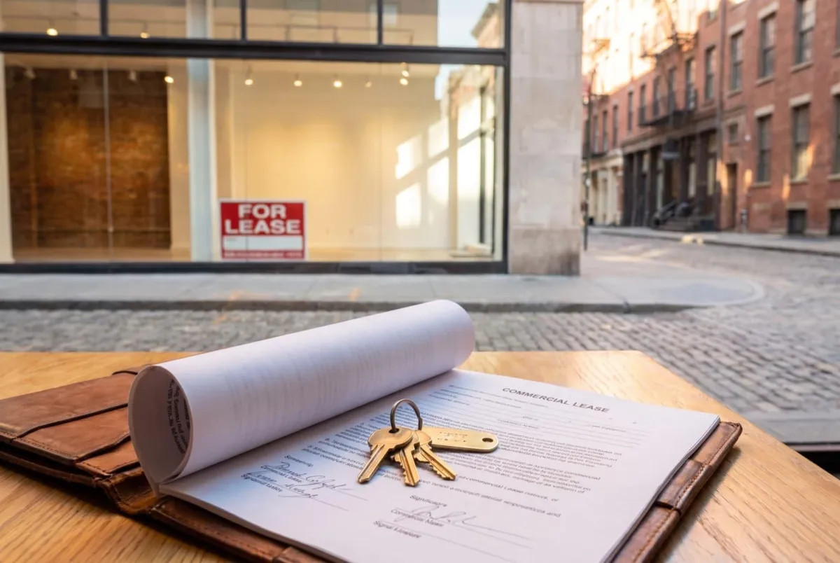 Shop keys on a signed lease in front of an empty retail space