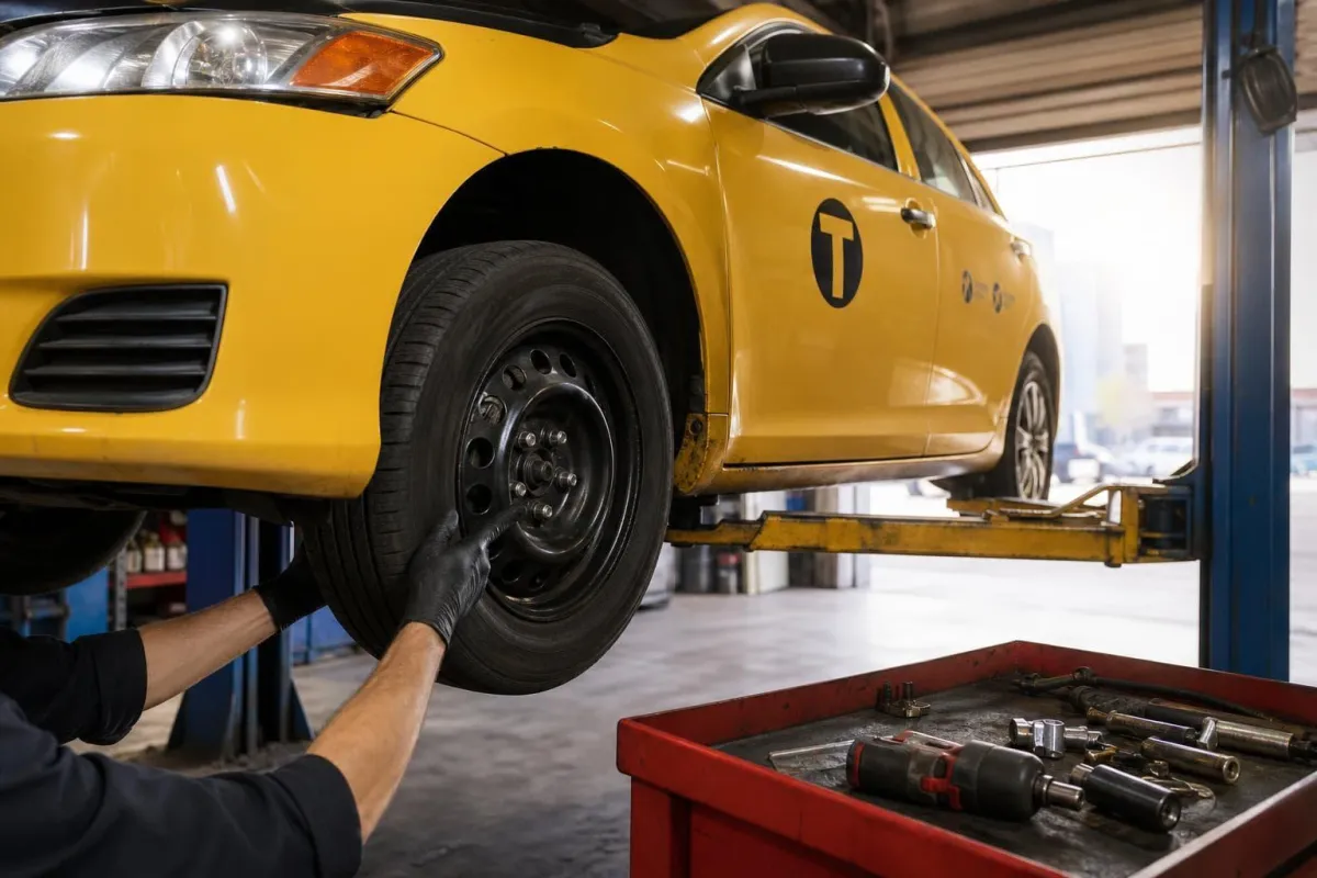 Yellow New York taxi on a lift in a clean repair garage