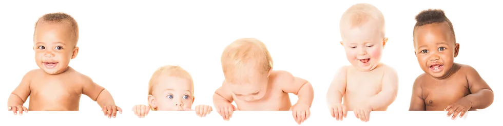 Five diverse babies peeking and smiling