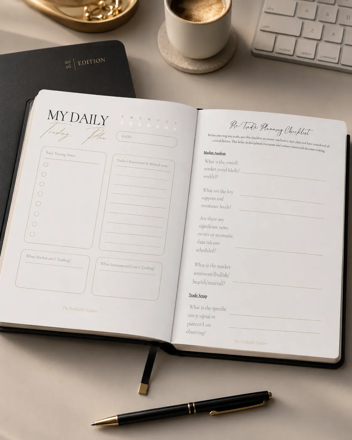 A premium black trading guide and planning workbook displayed on an obsidian desk