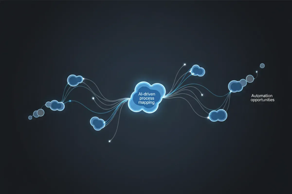 Abstract workflow diagram with interconnected nodes and lines representing AI-driven receptionist call mapping.