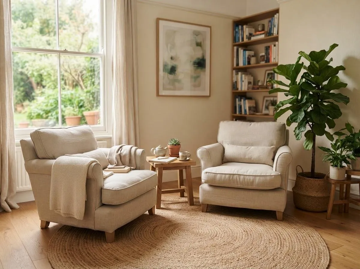 Two linen armchairs facing each other in a warm sunlit room