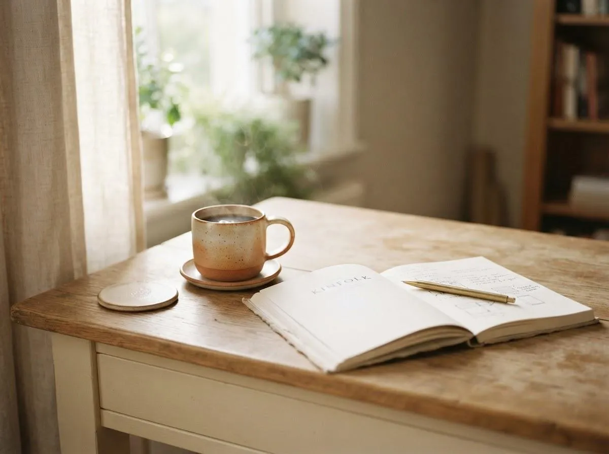 A quiet desk with coffee and an open notebook in morning light