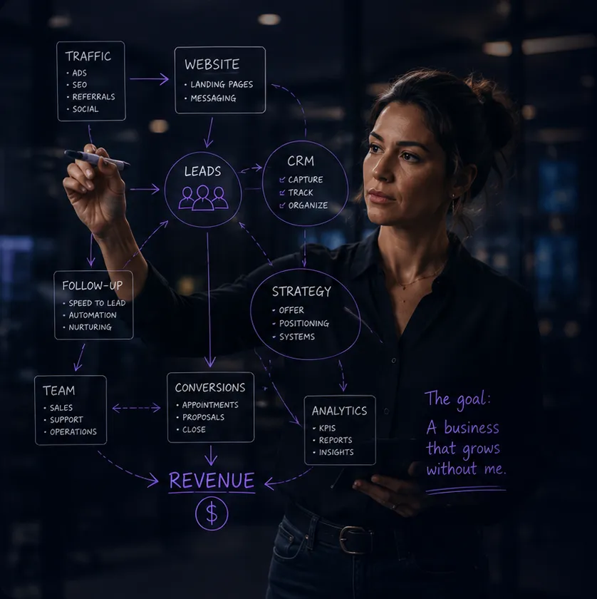 A business growth map connecting traffic, website, leads, CRM, follow-up, team, strategy and revenue
