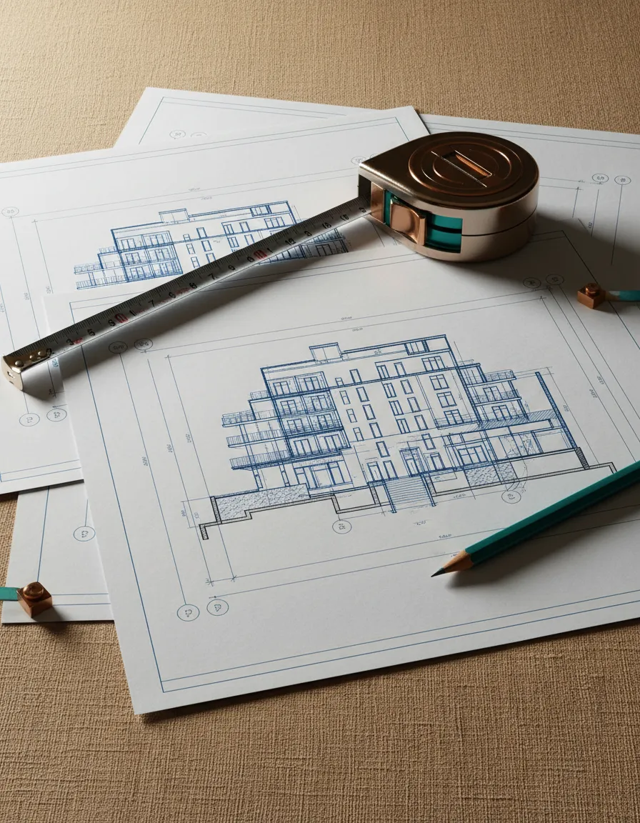 Construction blueprints and measuring tape