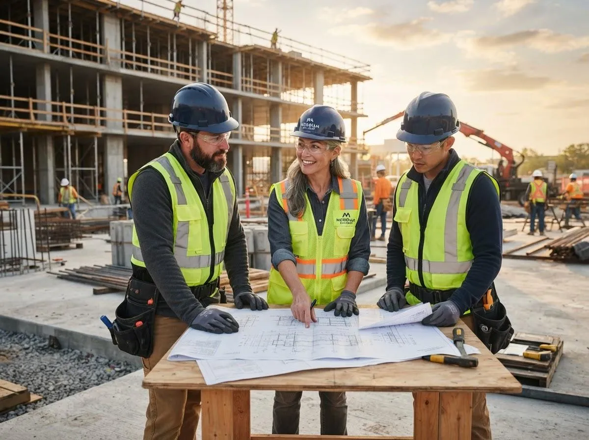 XactBuilds contractor team reviewing blueprints on site