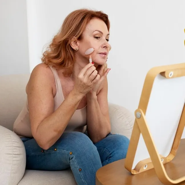 woman ongoing gua sha face procedure