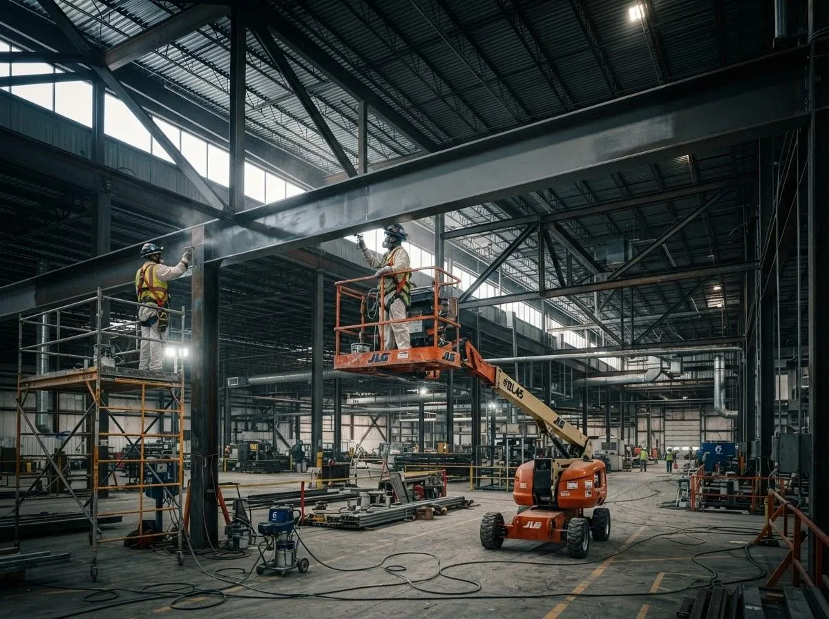 Industrial scissor lifts and warehouse facility painting equipment