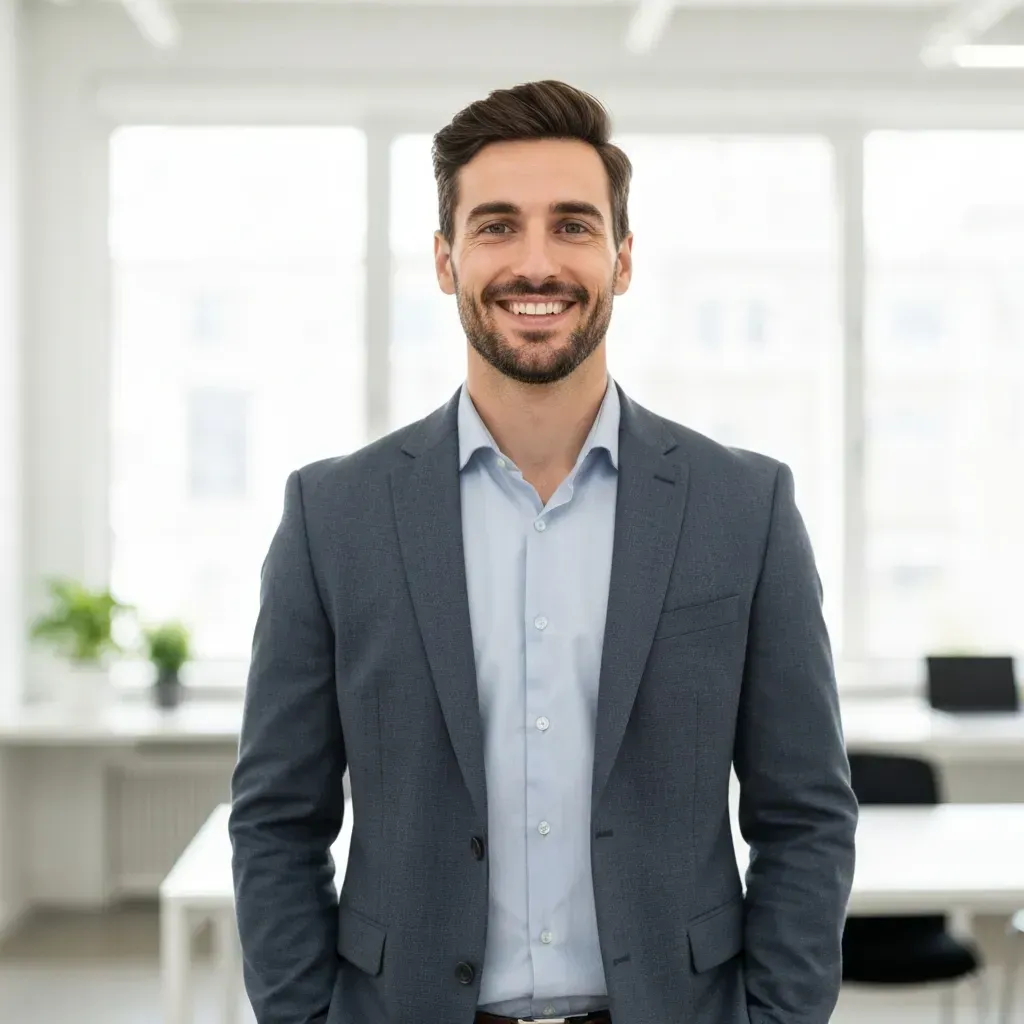 Photorealistic full-body portrait of a confident business professional standing and smiling in a modern office — Nexurate AI-powered CRM and automation