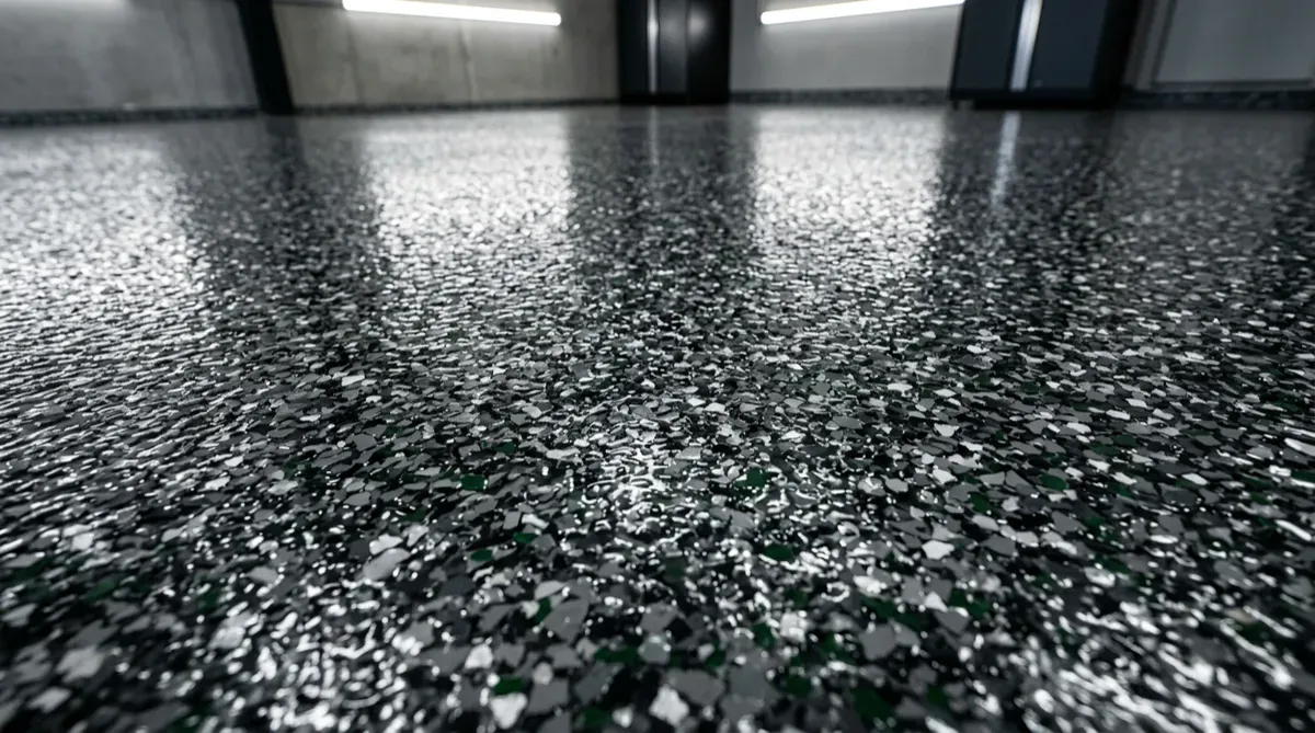 High-gloss polyaspartic garage floor coating with full broadcast flake finish