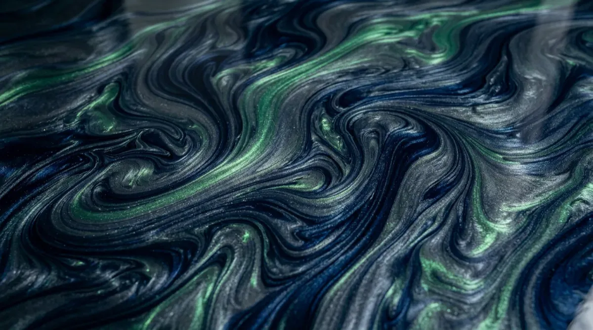 Custom metallic epoxy floor coating with 3D marbled luster and high-gloss depth