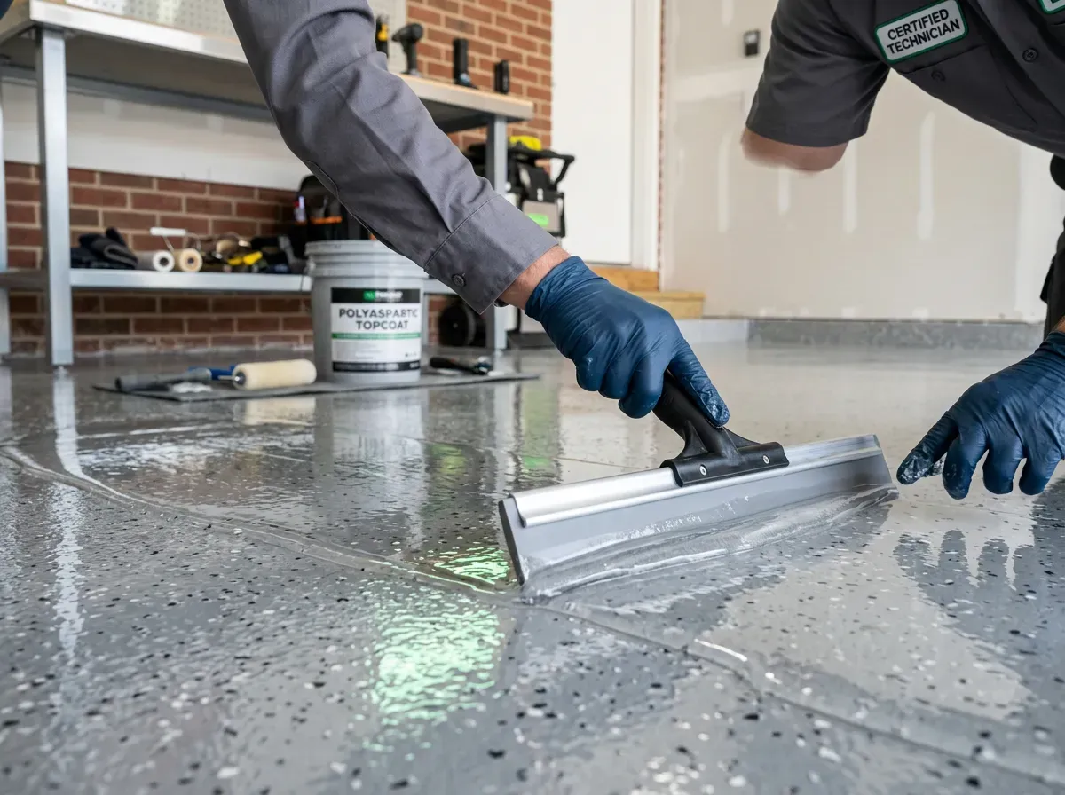 Certified epoxy floor installers applying decorative flake flooring in Louisville