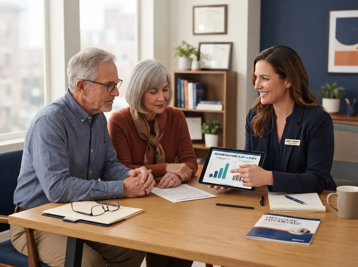 Senior couple reviewing Medicare options with a licensed insurance advisor